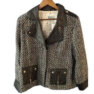 Bradley Bayou Vintage  Houndstooth Moto Jacket With Black Leather‎ Trim Sz Large